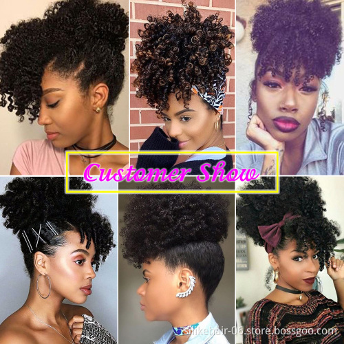 High Quality Black Short Drawstring Ponytail Puff Hair Pieces Afro Kinky Curly Chignon With Bangs Synthetic Hair Bun Extensions